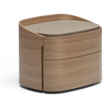 A modern, oval-shaped nightstand with two drawers. The main body is constructed from bent wood veneer, featuring a lighter wood grain pattern. The top surface appears to be a contrasting material, possibly a matte laminate or solid surface in a neutral taupe color. The drawers have seamless fronts, integrating into the curved design. A subtle vertical seam on the left side indicates the edge of the unit or a compartment. — 3D model