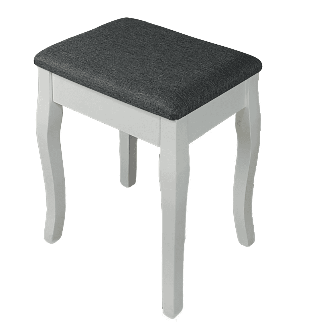A compact rectangular stool featuring a dark gray upholstered seat and a white painted wooden frame, distinguished by its mix of straight and cabriole legs. — 3D model