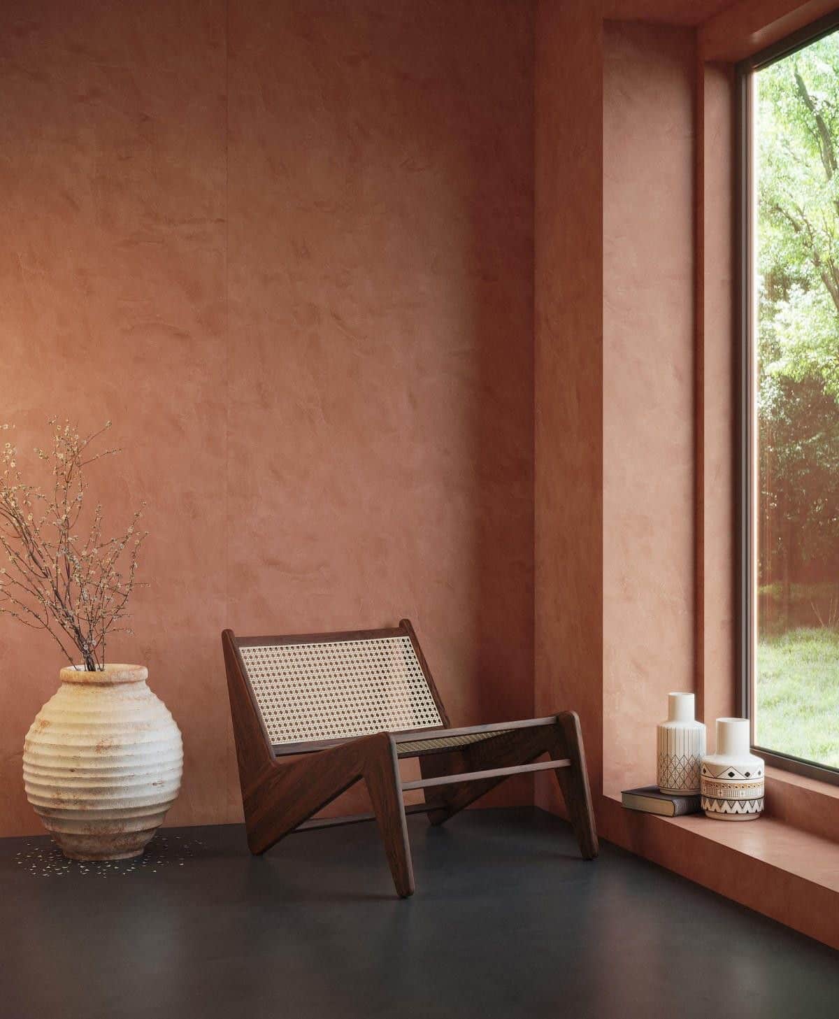 A low-profile lounge chair constructed with a dark wooden frame and woven cane webbing for the seat… — free OBJ 3D model