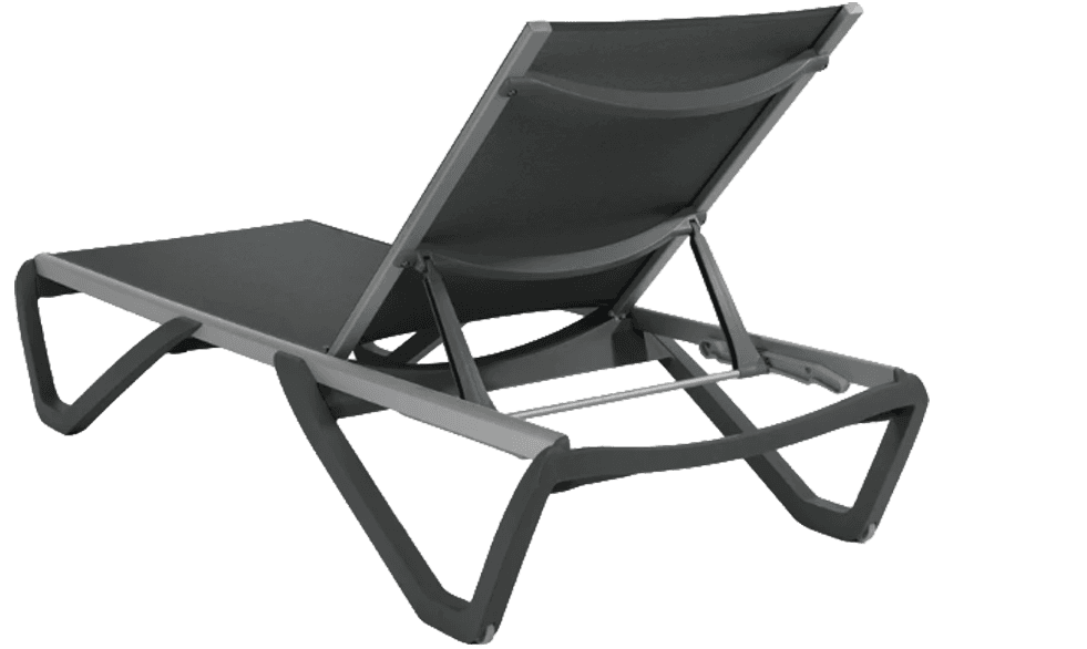 A modern chaise lounge chair with a dark grey fabric seat and backrest, supported by a grey aluminum… — free FBX 3D model