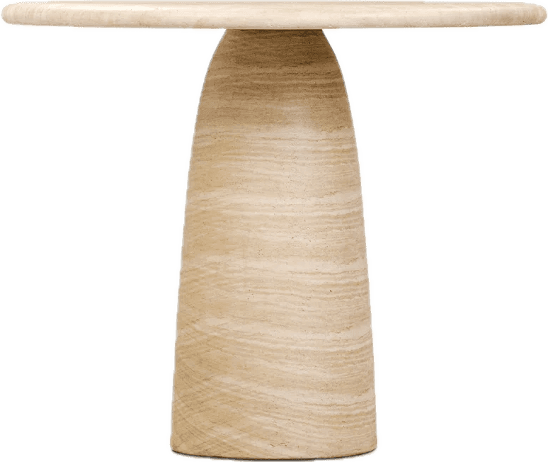 A small, round side table crafted entirely from natural travertine stone, featuring a circular top a… — 3D model