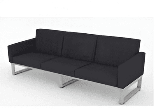 A three-seater sofa with a modern design. It features upholstered cushions for the seat and back, and a minimalist metal frame for the legs and base. The armrests are integrated into the main frame. — 3D model