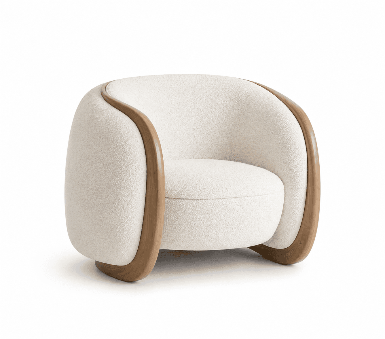 A modern armchair with a rounded, organic form. The upholstery is a textured, cream-colored fabric, possibly boucle. The chair features a distinct wooden frame that curves around the sides and forms the base, providing a visual contrast to the soft upholstery. The design is minimalist yet sculptural. — 3D model