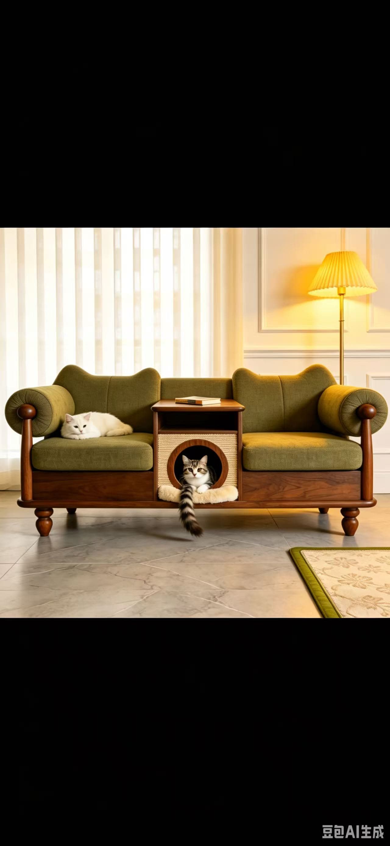 A two-seater sofa featuring a solid wooden frame, green fabric upholstery, and integrated elements including a central wooden console table and a pet bed nook beneath it. — 3D model