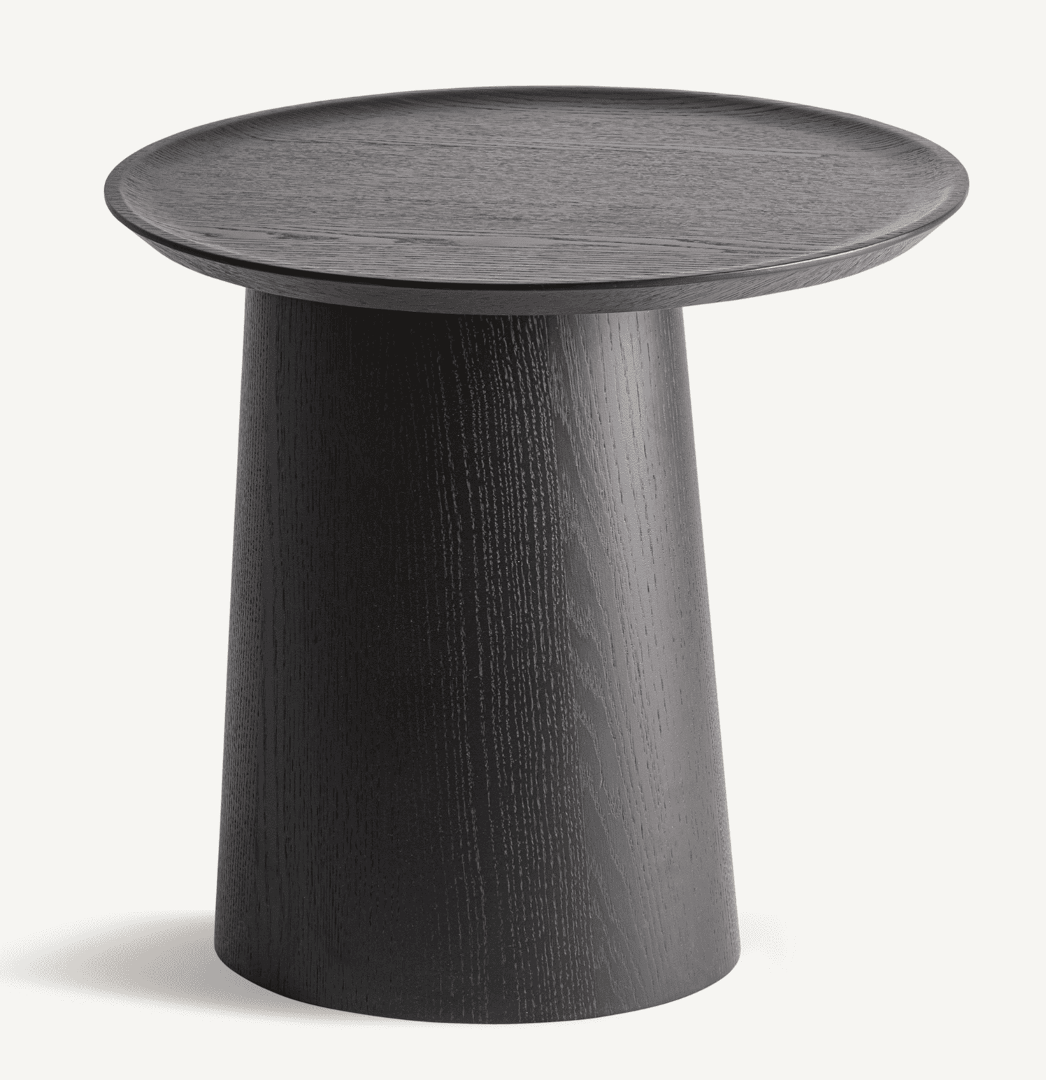 A modern side table featuring a dark-stained wood construction with a round, slightly dished top and a single, tapering pedestal base. The wood grain is visible through the dark finish. — 3D model