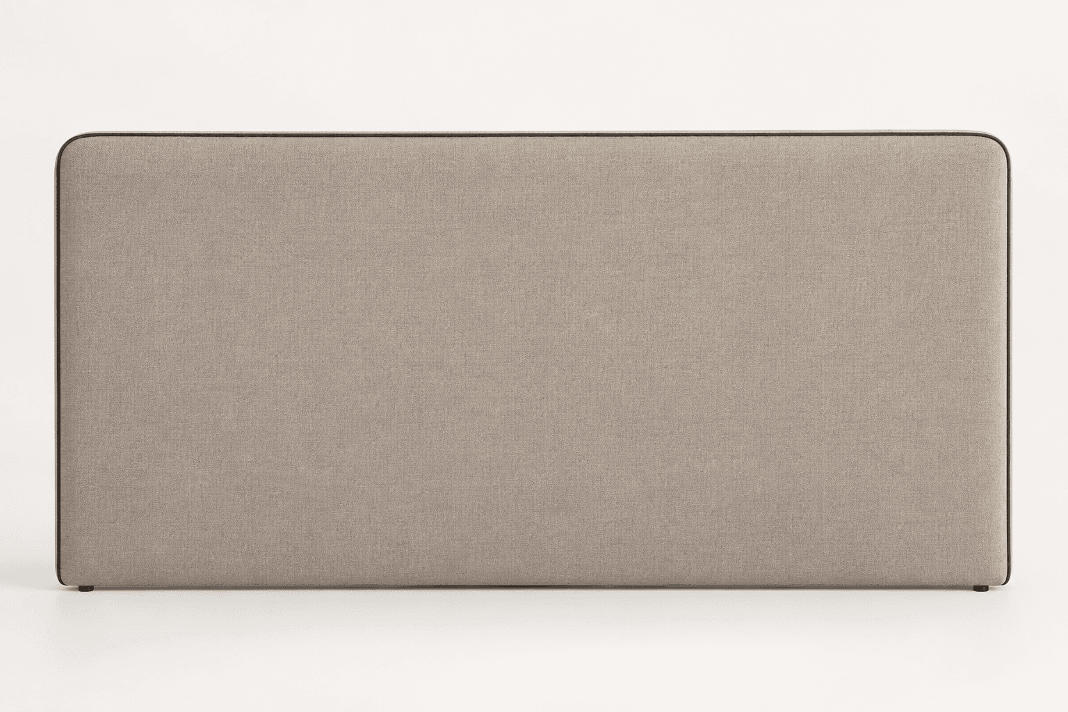 A rectangular upholstered headboard in a light beige fabric with subtle dark piping along its rounded edges and small integrated feet. — 3D model