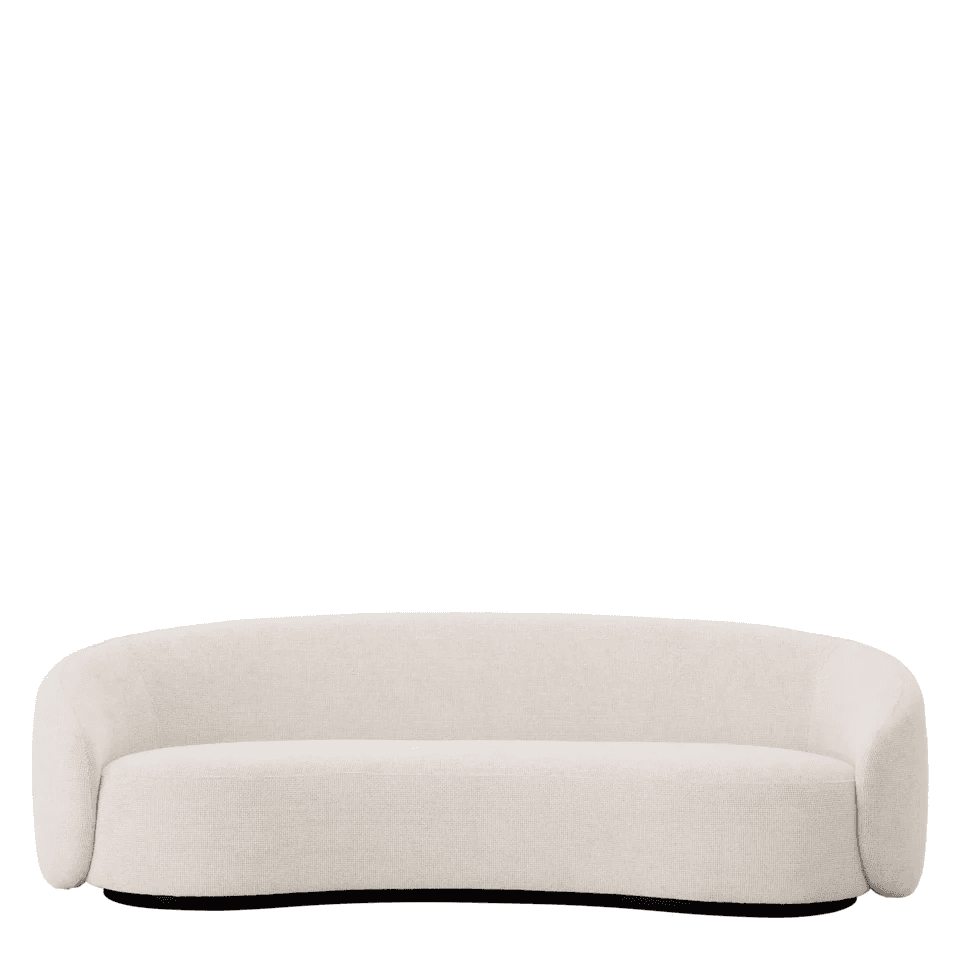 A modern, curved sofa upholstered in a light, textured boucle fabric, featuring a minimalist design with a low-profile, recessed dark plinth base. The sofa presents a continuous, organic silhouette with softly rounded edges and no visible armrests, suggesting a comfortable and fluid form suitable for contemporary interiors. The light color of the upholstery contrasts with the dark base, creating a distinct visual separation. — 3D model