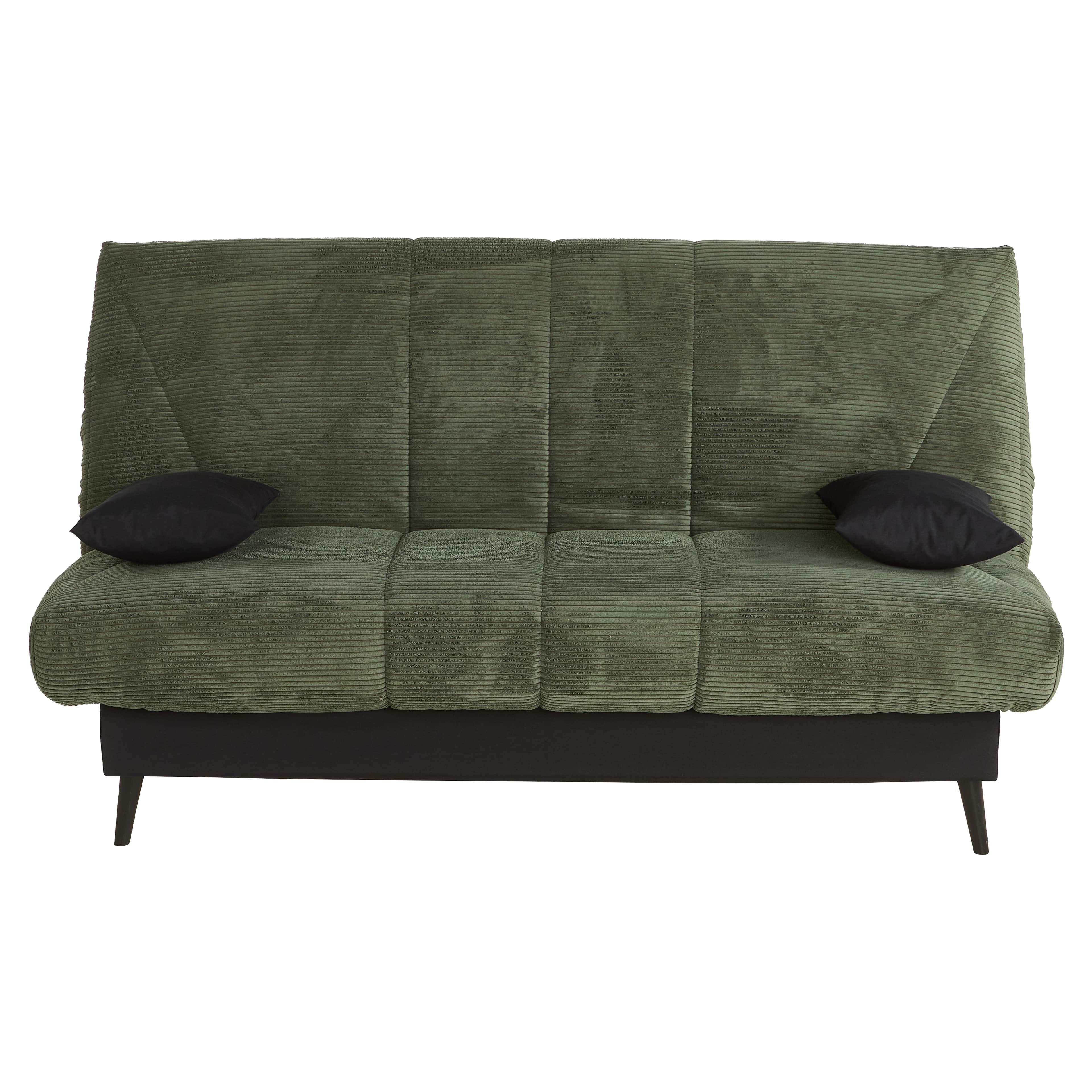 A green corduroy sofa bed with a segmented backrest and seat, featuring a minimalist black base and… — 3D model