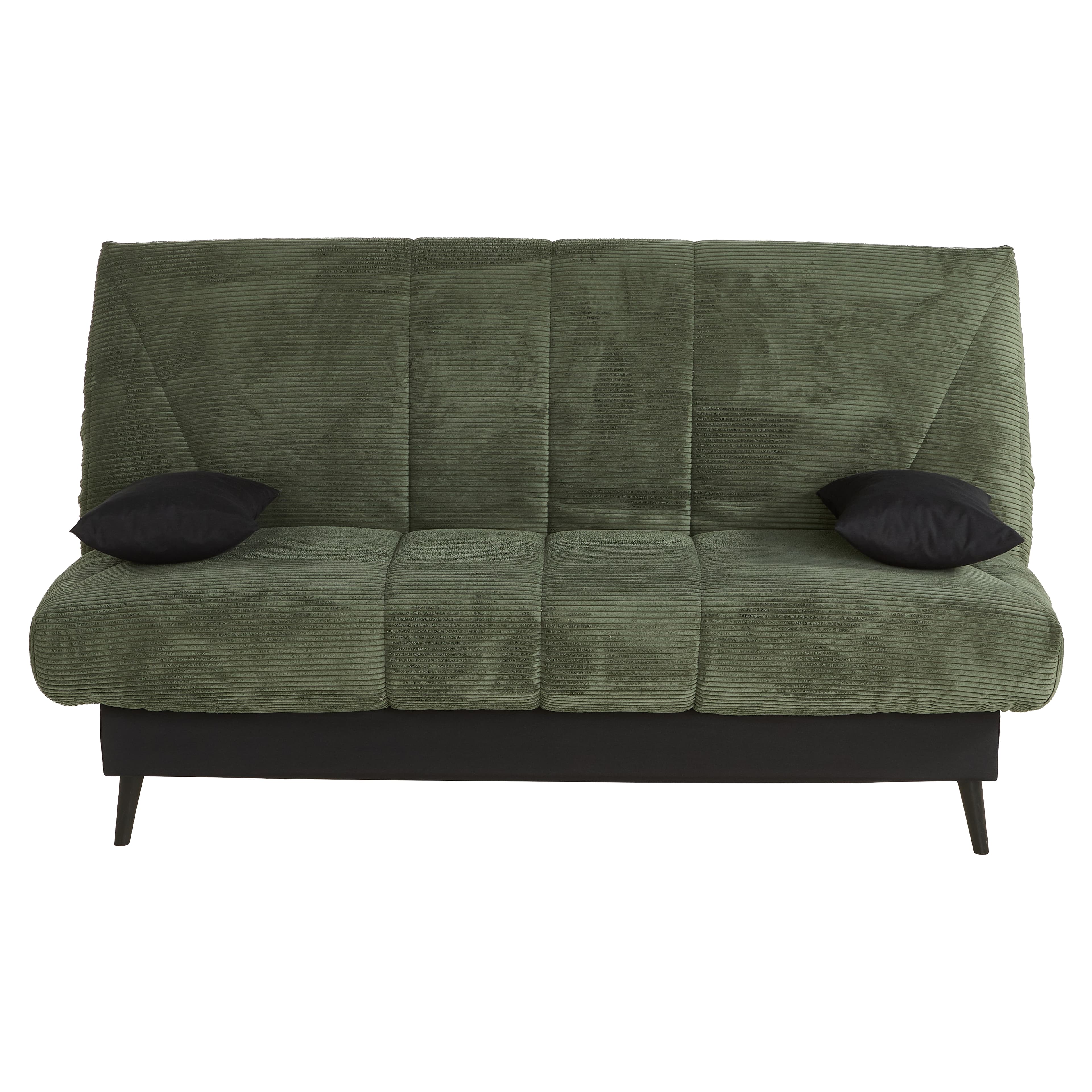 A green corduroy sofa bed with a segmented backrest and seat, featuring a minimalist black base and four tapered legs. Two small black throw pillows are included. — 3D model