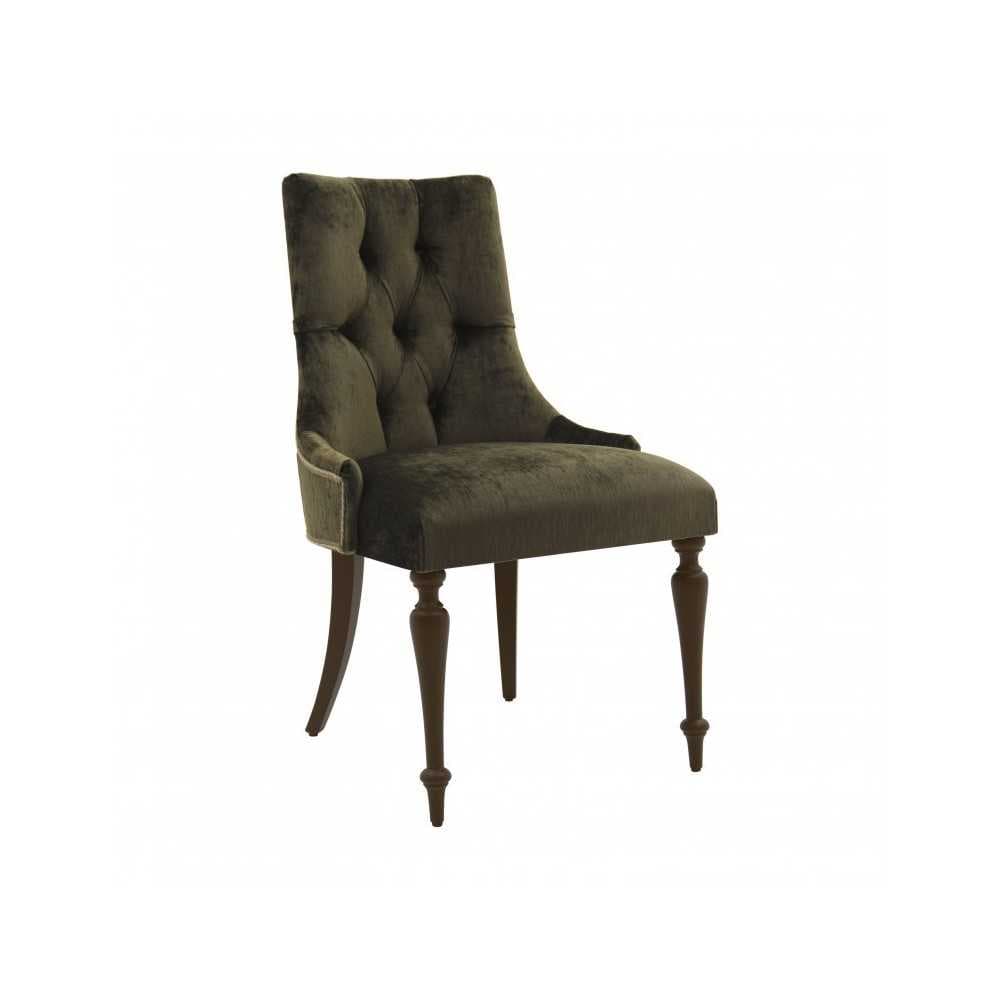 A velvet upholstered accent chair with a high, tufted back and a curved seat. It features four wooden legs, two of which are slightly curved and extend from the front, while the two rear legs are straighter. The upholstery has a rich, dark olive green color and a soft texture. — 3D model