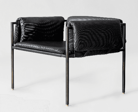 A modern armchair featuring a dark metal frame with slender legs. The seat and backrest are upholste… — free OBJ 3D model