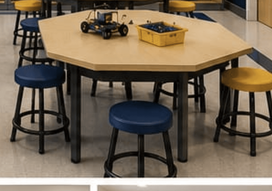 A modern low table featuring a hexagonal tabletop with a light wood-look finish, supported by a black metal base with four straight legs and an X-shaped stretcher. — 3D model