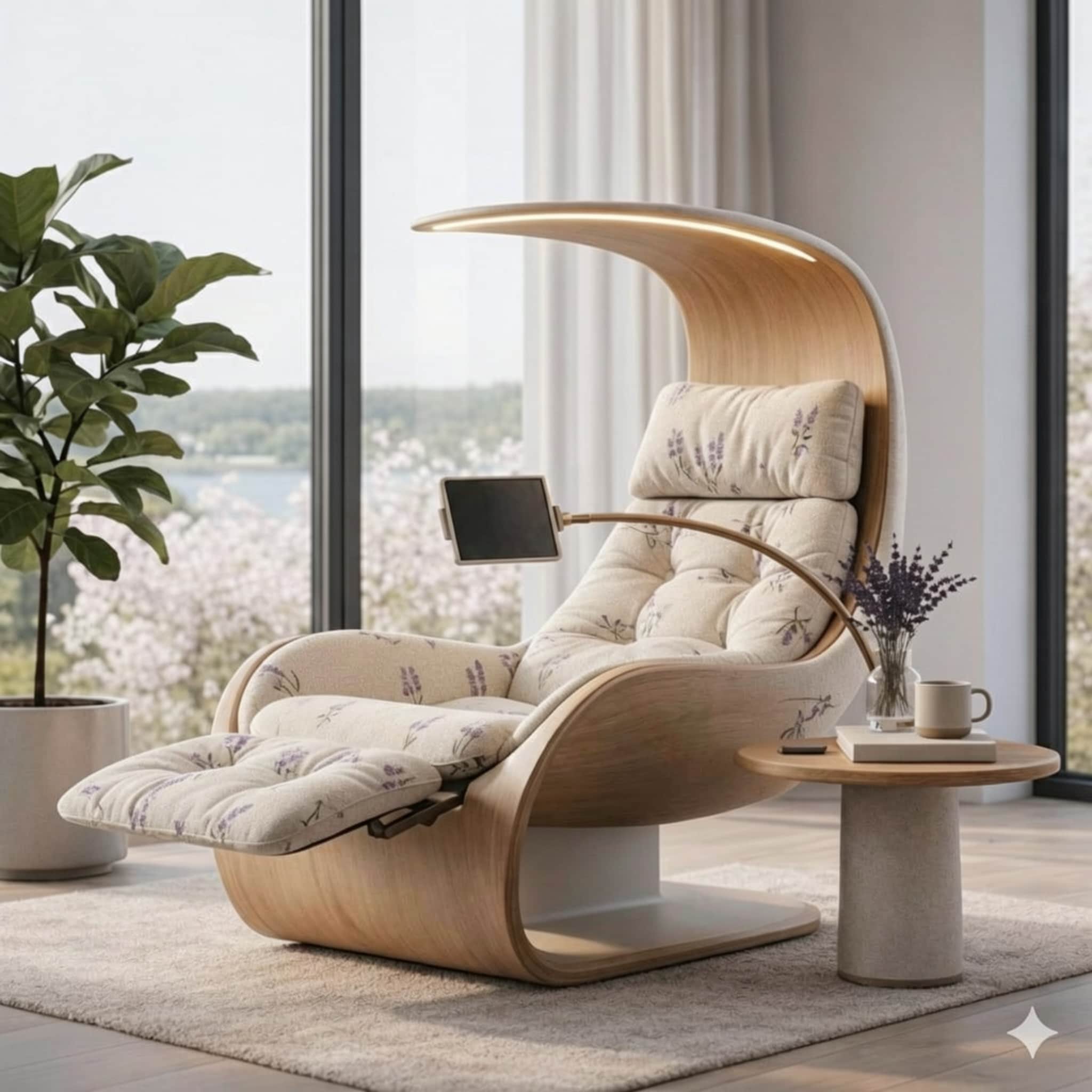 A modern, ergonomic reclining lounge chair featuring a distinctive bentwood frame, tufted upholstere… — free OBJ 3D model