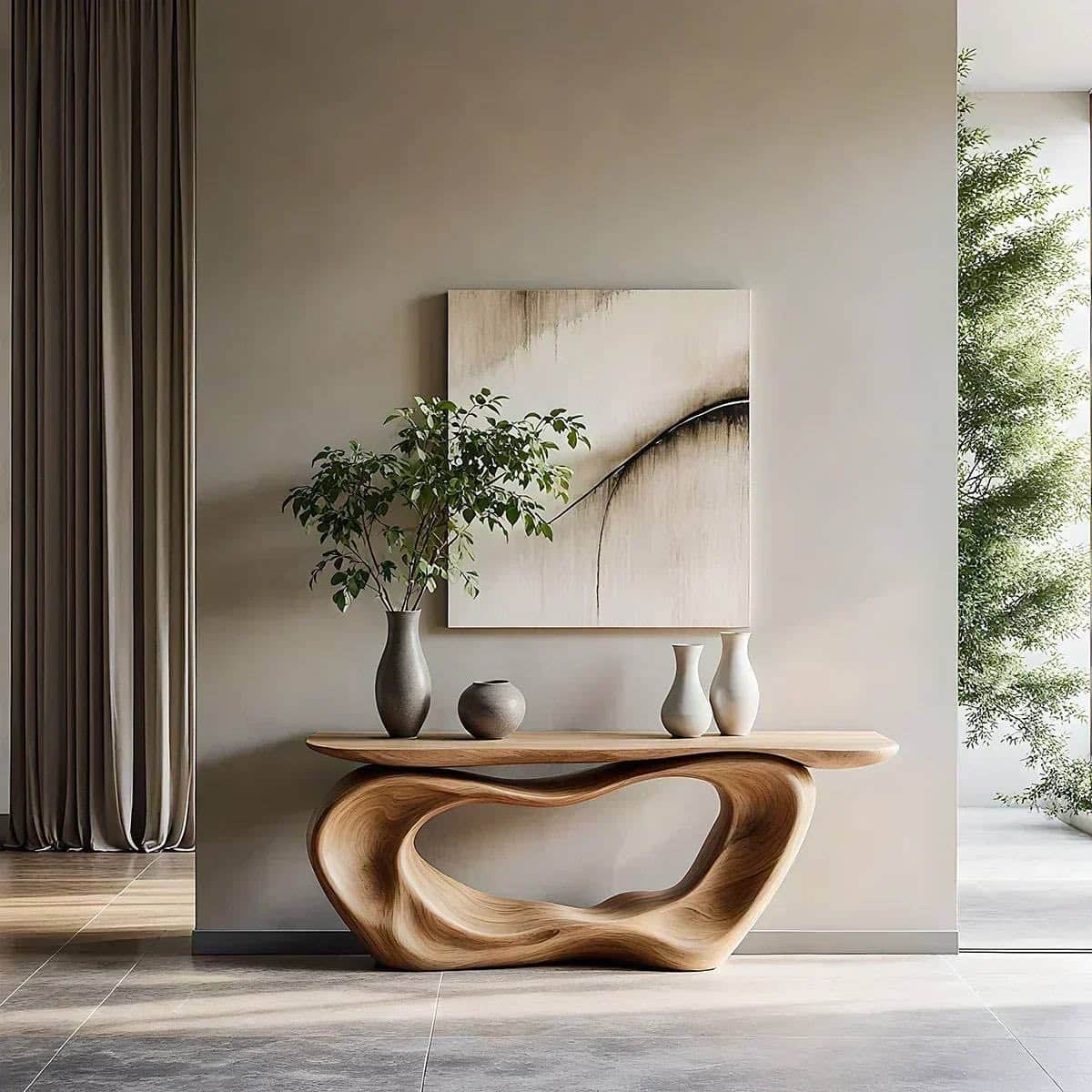 A narrow, light-toned wooden table featuring a highly sculptural and organic base that seamlessly tr… — 3D model