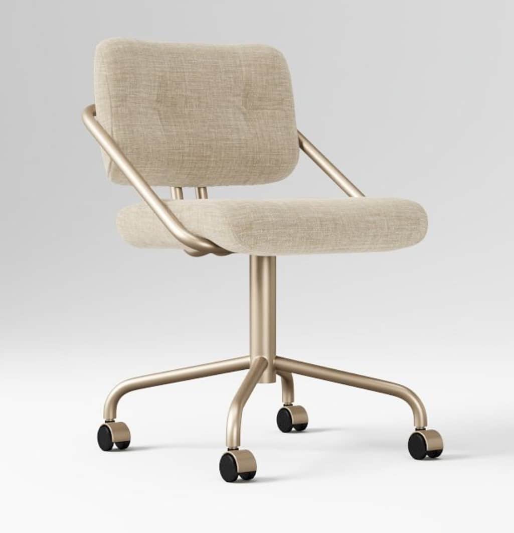 A desk chair with a fabric-upholstered seat and backrest, supported by a brushed metal frame and a f… — 3D model