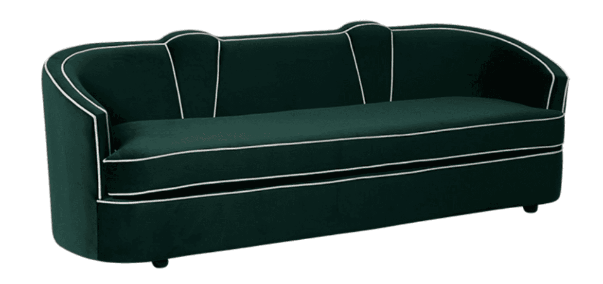 A long, upholstered seating unit with a curved backrest and armrests, covered in deep green velvet f… — 3D model