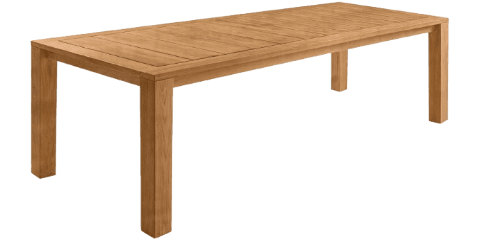 A rectangular wooden dining table with a slatted top and four sturdy, square legs. The wood grain is… — 3D model
