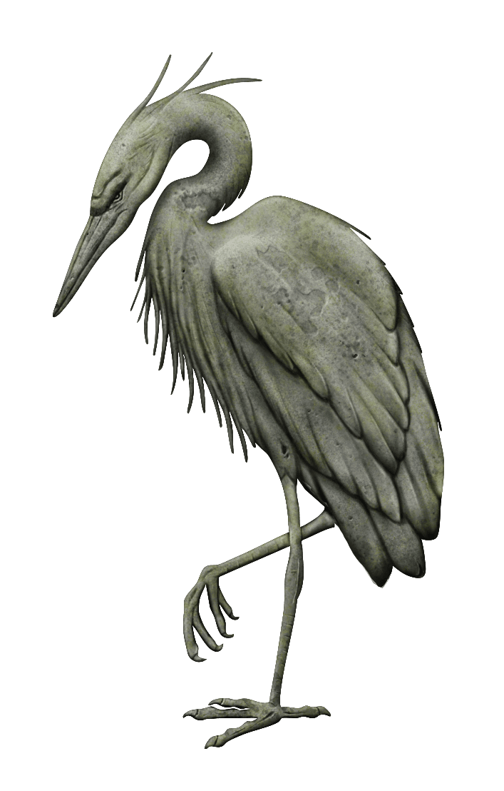 A detailed sculpture depicting a heron in a one-legged, contemplative pose. The object is crafted from a stone-like material, possibly concrete or cast stone, and features a weathered, mossy green finish, giving it an aged appearance. The bird's plumage, slender legs, and elongated beak are rendered with naturalistic detail. — 3D model