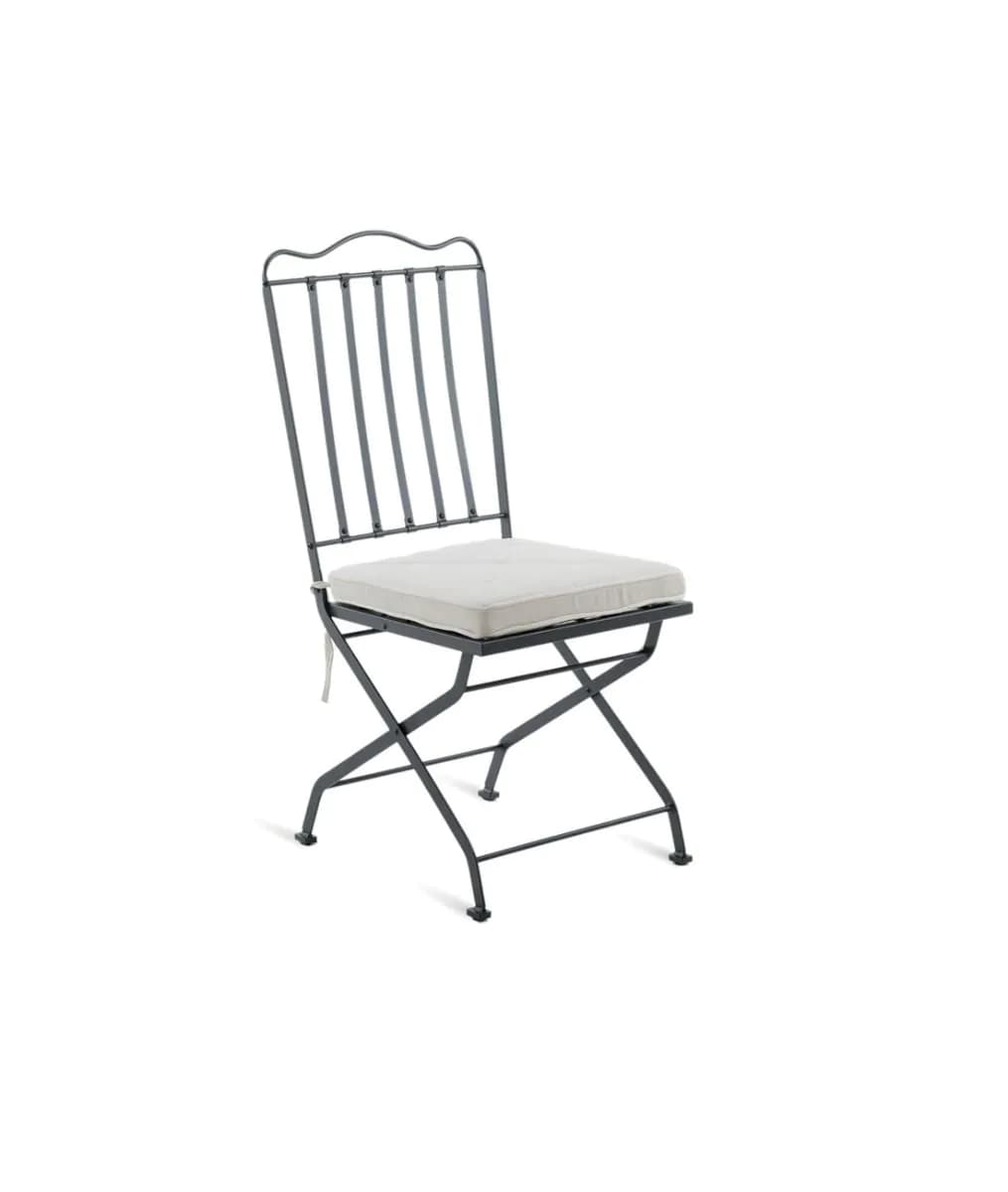 A dark metal folding chair with a cushioned seat and back. The chair has a slender, vertical slat design on the backrest and a simple, cross-braced folding mechanism. — 3D model