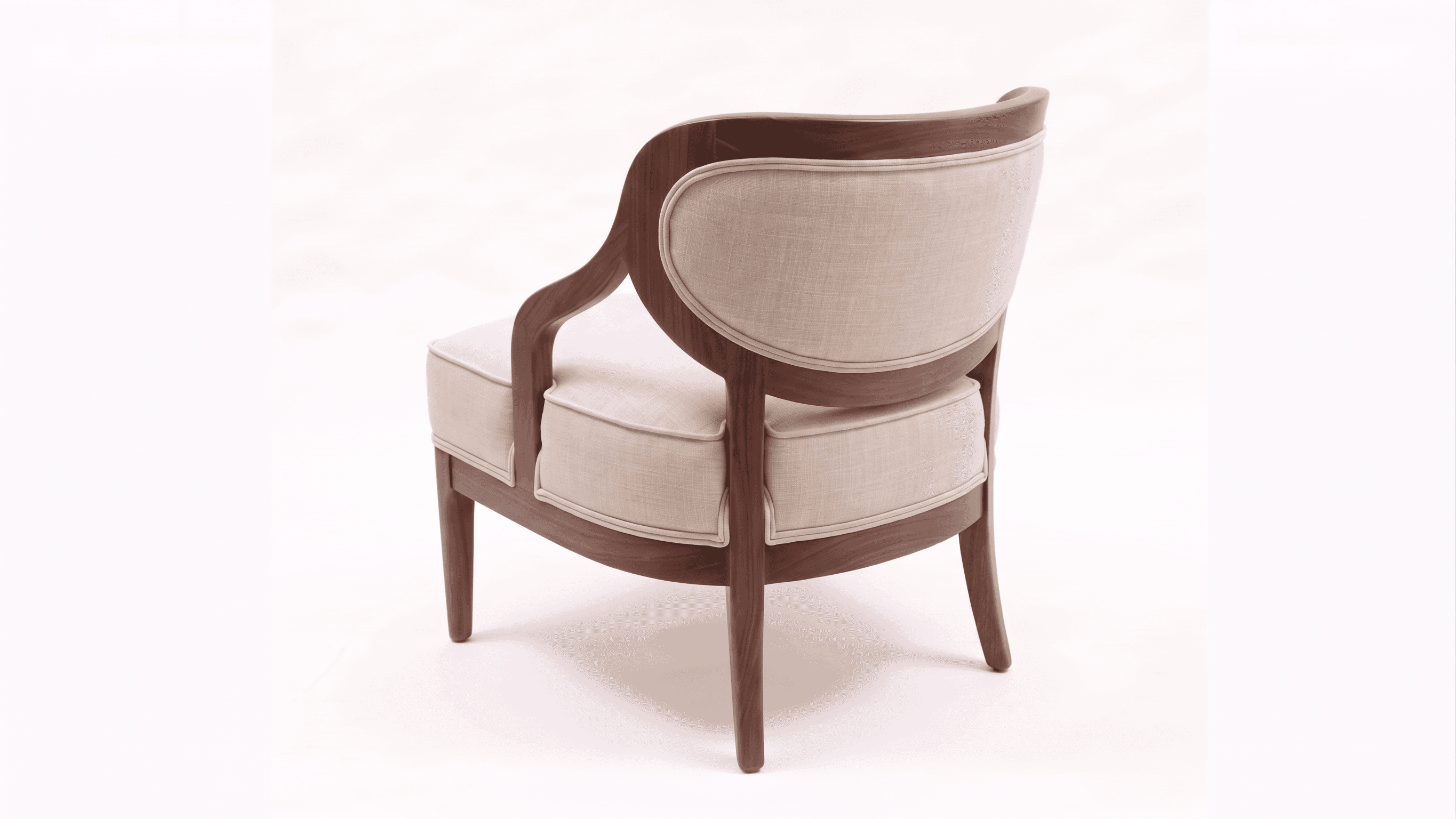 A single upholstered lounge chair featuring a prominent, curved wooden frame and light-colored fabri… — 3D model