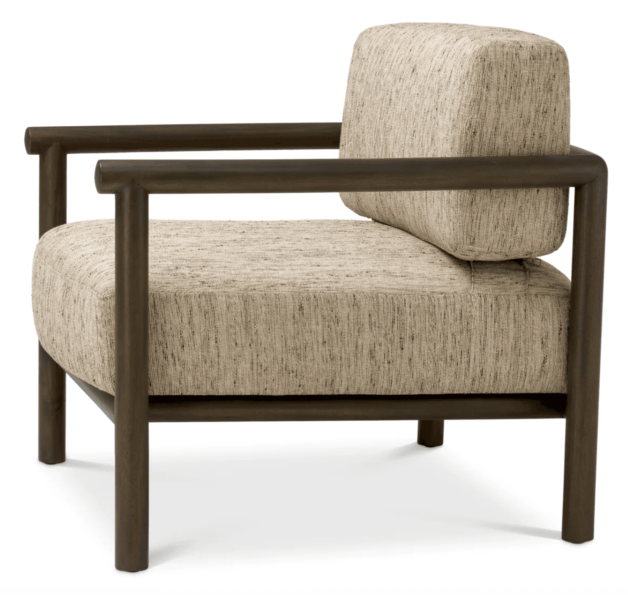 A contemporary armchair featuring a wooden frame and upholstered seat and back cushions. The frame has a minimalist design with clean lines, and the arms are formed by horizontal wooden beams connecting to the vertical legs and back supports. The upholstery appears to be a textured fabric in a neutral tone. — 3D model