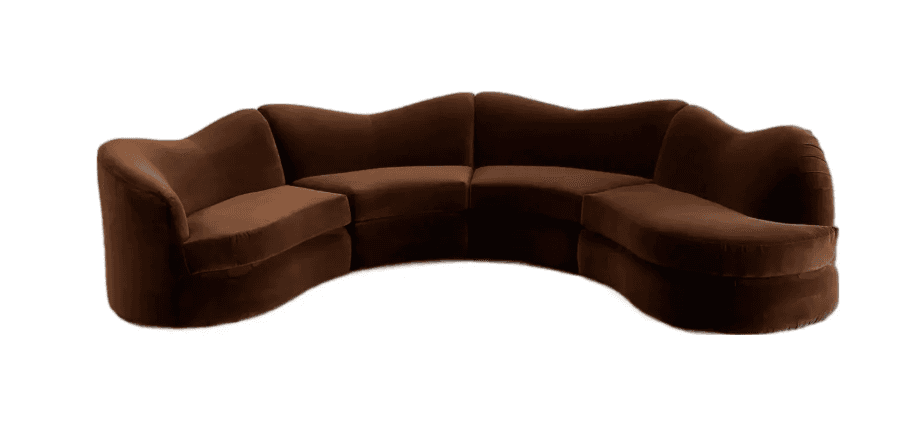 A large, modular, curved sofa with a velvet upholstery. The sofa features a sinuous, organic shape w… — free GLTF 3D model