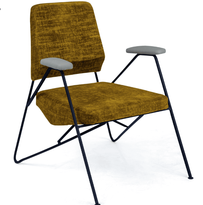 A contemporary armchair featuring a dark-finished tubular metal frame, upholstered seat and backrest in textured mustard yellow fabric, and light gray padded armrests. — 3D model