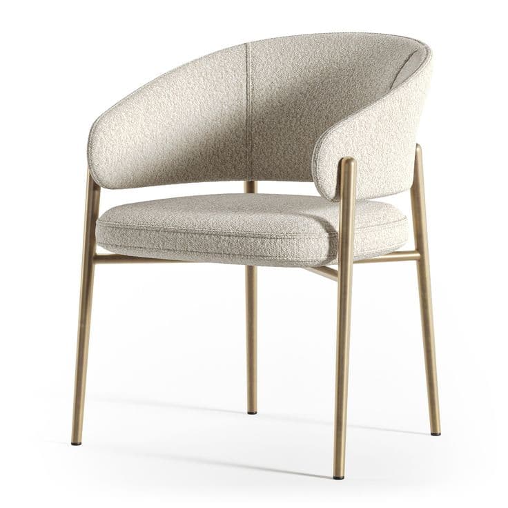 An upholstered armchair featuring a curved backrest and integrated armrests, set upon a slender, brass-finished metal frame and legs. The upholstery is a light, textured bouclé fabric, providing a contemporary aesthetic. — 3D model