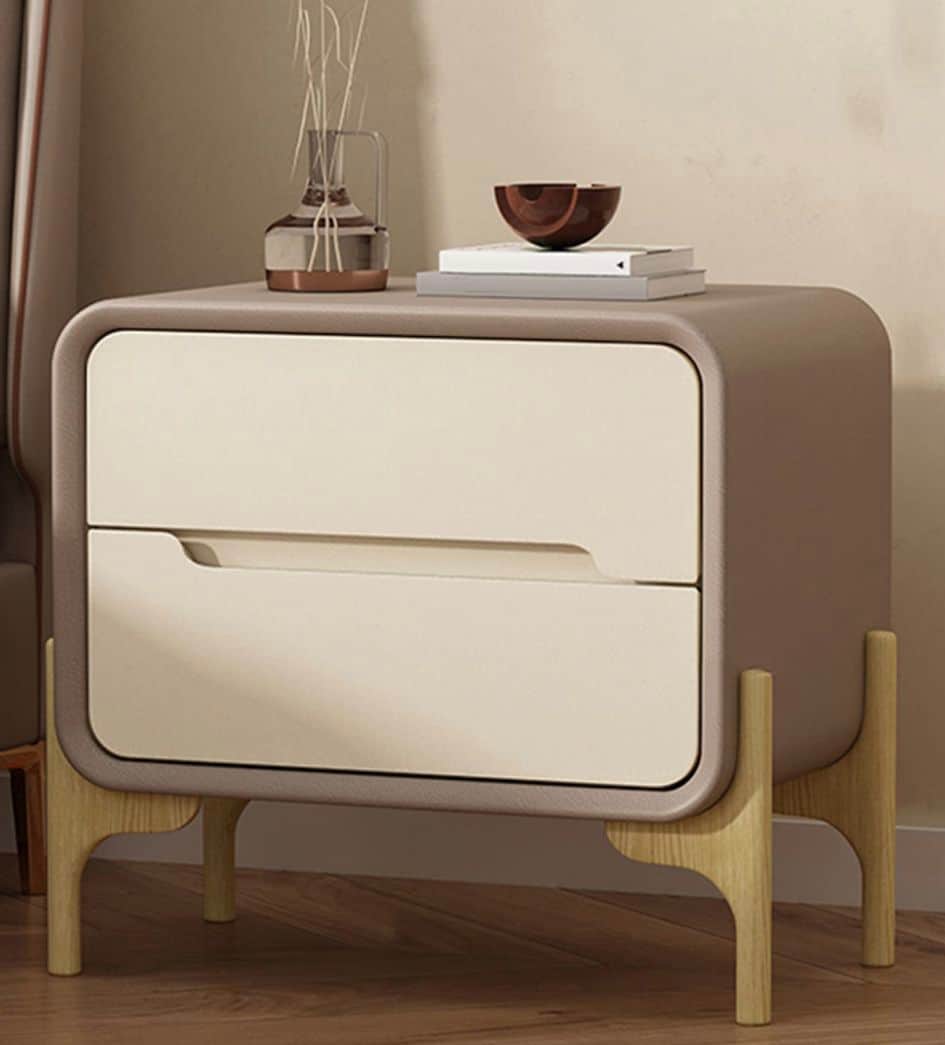 A contemporary two-drawer nightstand featuring a rounded rectangular body in a matte taupe finish. I… — 3D model