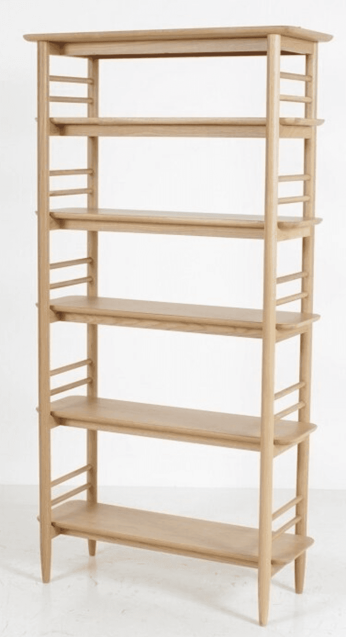 A tall, open-backed bookshelf constructed from light-colored wood. It features five horizontal shelv… — 3D model