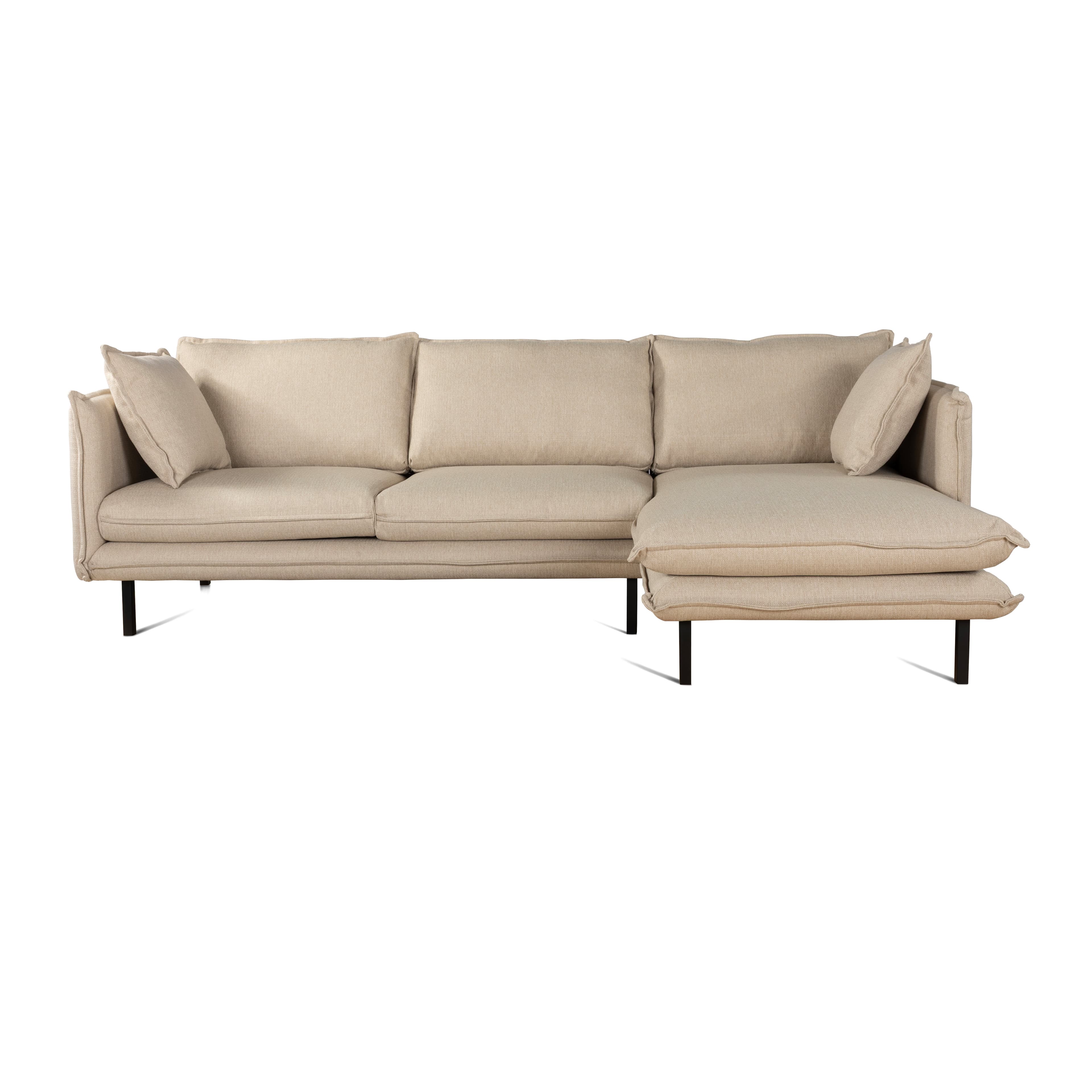 A modern sectional sofa with an integrated chaise lounge, upholstered in a light beige textured fabric, supported by slender black metal legs. — 3D model
