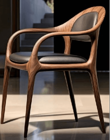 A modern armchair with a curved wooden frame and upholstered seat and backrest. The frame features organic, flowing lines and tapers towards the legs. The upholstery appears to be dark leather or a similar material. — 3D model