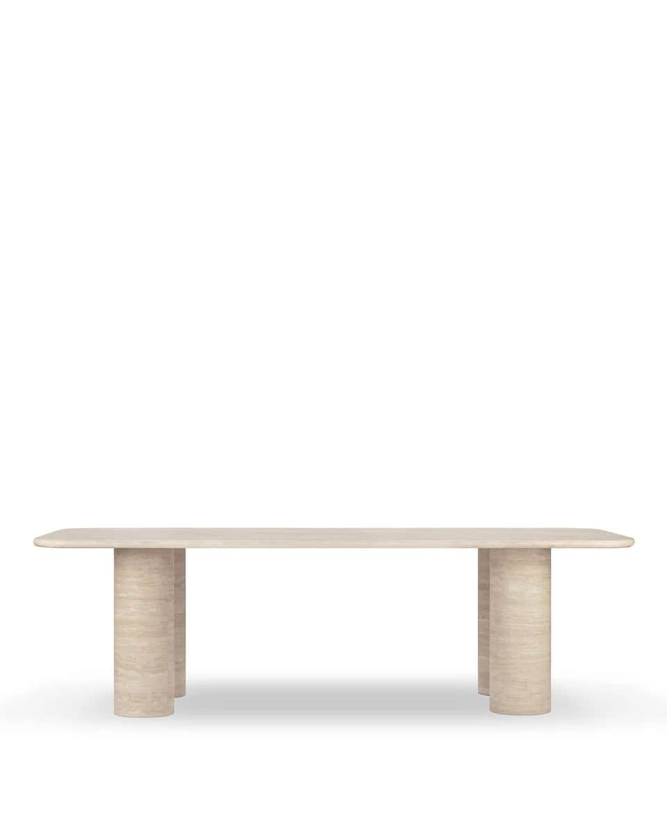 A modern dining table with a rectangular top and rounded corners, supported by four cylindrical legs… — 3D model