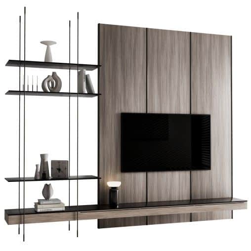 A contemporary wall-mounted entertainment unit featuring a light wood veneer back panel for a televi… — 3D model