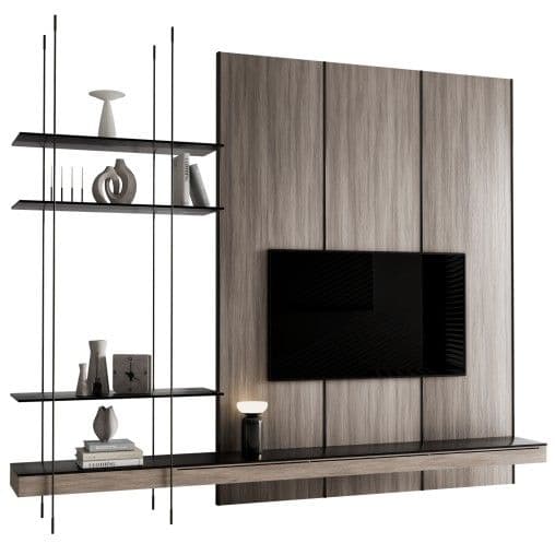A contemporary wall-mounted entertainment unit featuring a light wood veneer back panel for a television, a floating media console with a dark top, and an integrated open shelving system with black metal supports and dark shelves. The unit combines display and storage functions. — 3D model