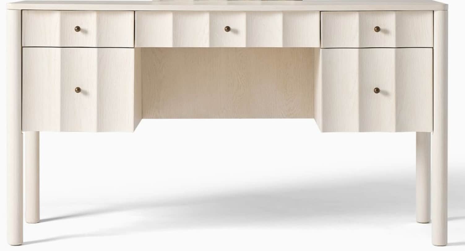 A light-colored, contemporary desk featuring a rectangular top with subtly rounded corners, supporte… — 3D model