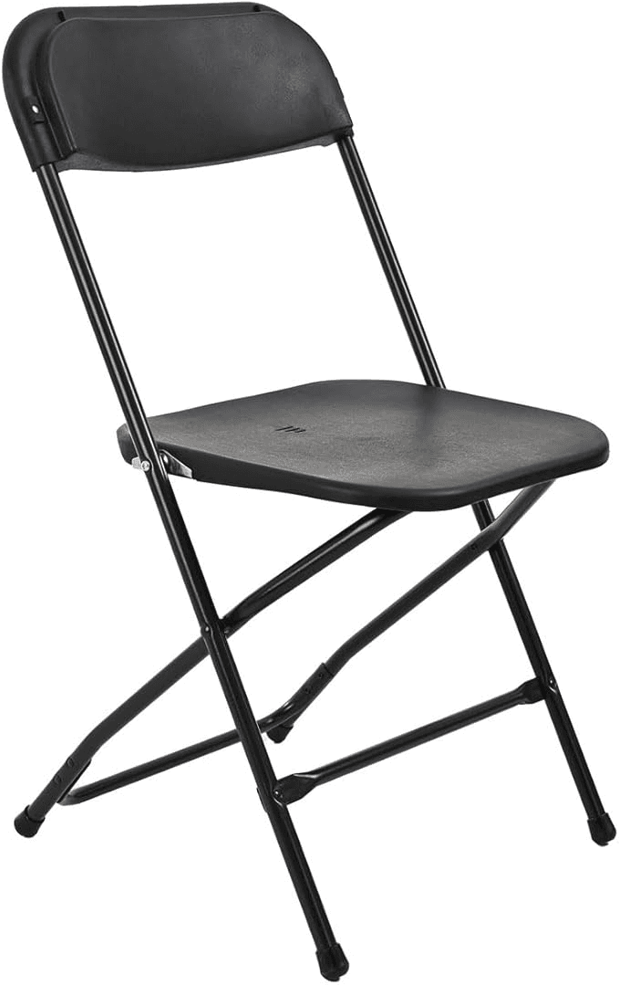 A black folding chair made of plastic for the seat and backrest, and a tubular metal frame. The chair is designed for temporary seating and easy storage, featuring a simple, utilitarian aesthetic. Its components are all black, giving it a cohesive and practical appearance. — 3D model