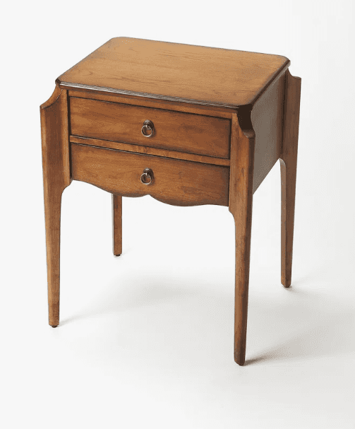 A wooden nightstand with a rectangular top and two drawers. The drawers have brass ring pulls. The p… — 3D model