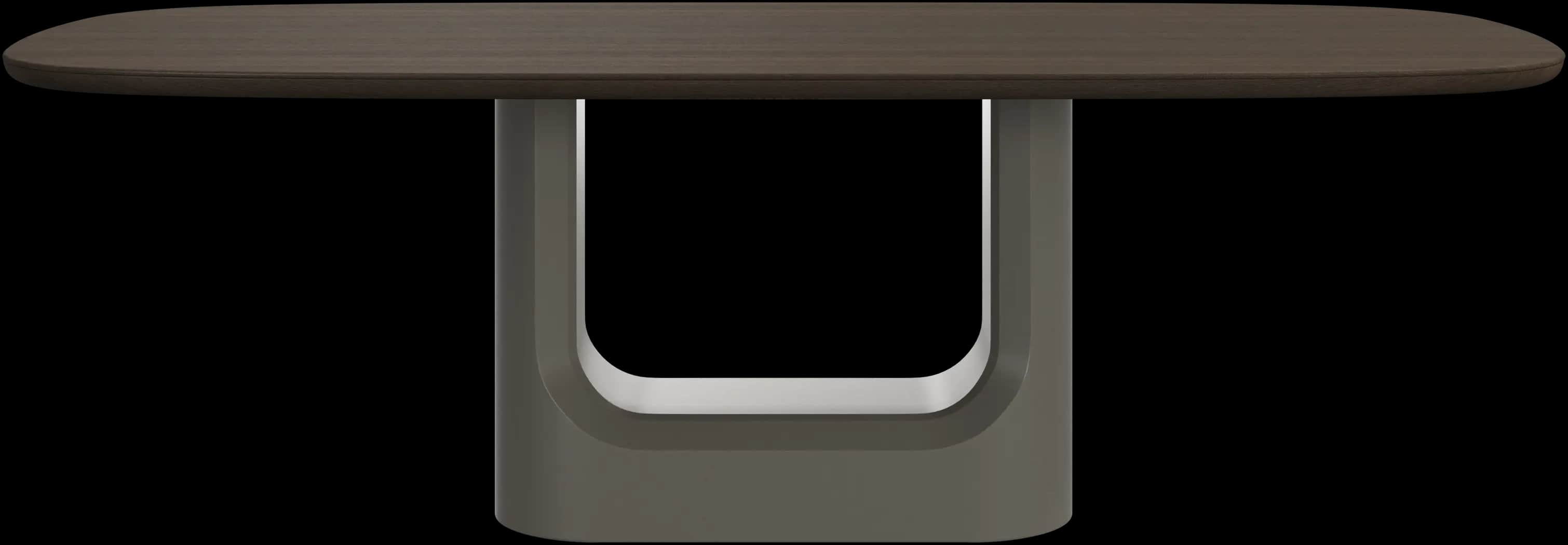 A modern dining table featuring an elongated oval dark wood tabletop supported by a distinctive U-sh… — 3D model
