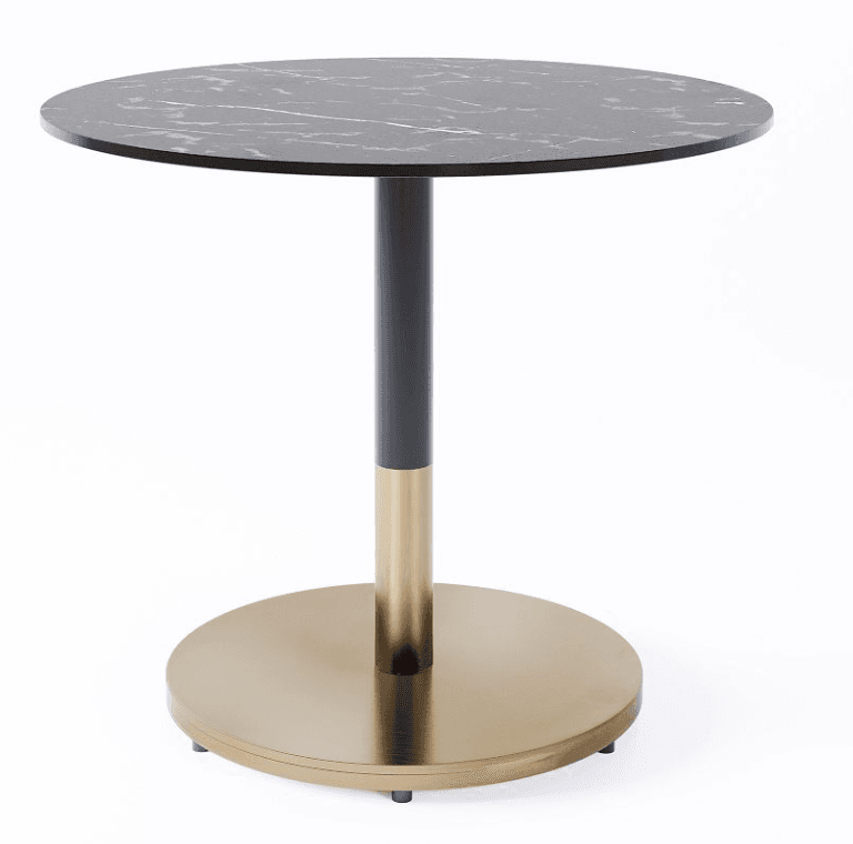 A round side table with a dark marble-patterned top, supported by a central column. The column is dark gray for the upper section and transitions to a brushed gold finish for the lower section, which connects to a wide, circular brushed gold base. — 3D model