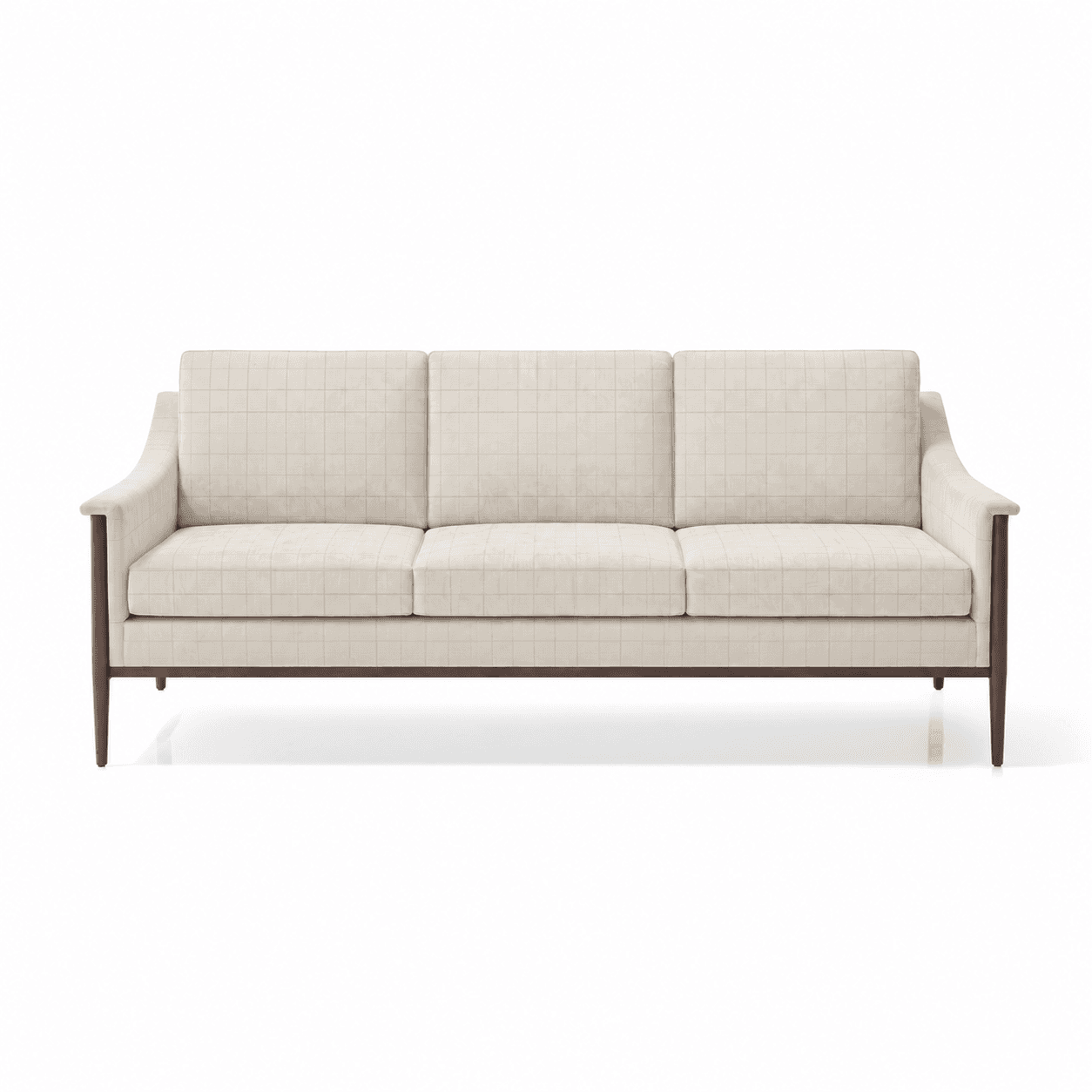 A modern three-seater sofa featuring a light beige, grid-patterned upholstered fabric, set within an exposed dark wood frame. The sofa has three individual seat cushions and three matching back cushions. The armrests are defined by the exposed dark wood, which flows into tapered legs, giving the piece a refined and contemporary appearance. The design emphasizes clean lines and a structured silhouette. — 3D model