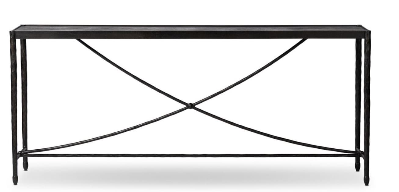 A console table with a rectangular top and a base constructed from dark metal. The legs are slender and appear to be forged or hammered, exhibiting a textured surface. The base features an X-shaped stretcher with intersecting curved supports, adding to its structural integrity and decorative appeal. — 3D model