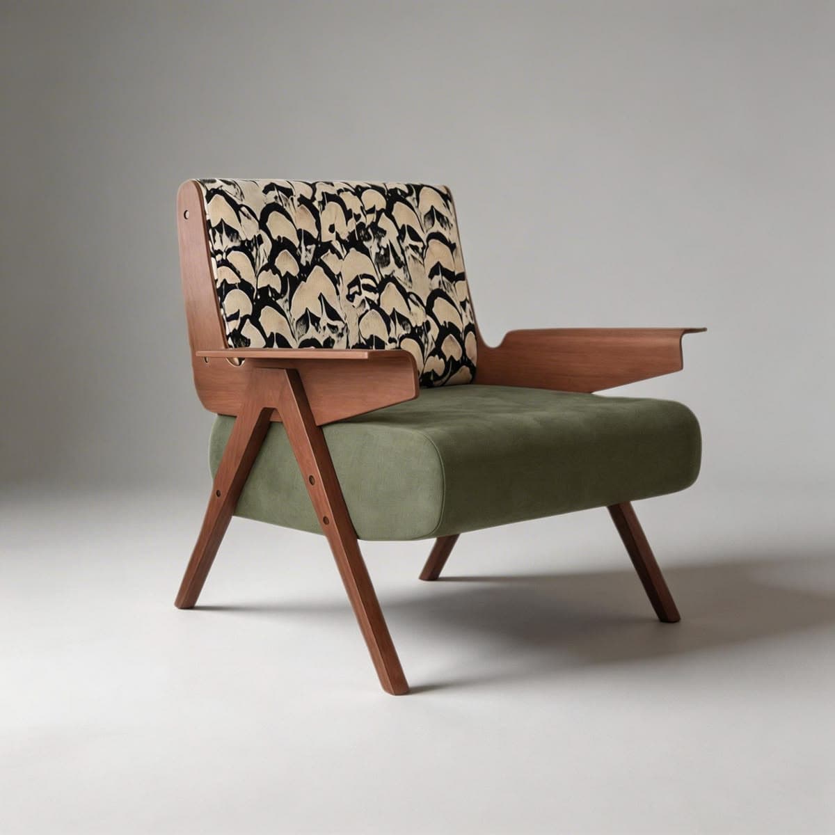A stylish Mid-Century Modern inspired lounge armchair featuring an exposed wooden frame, a patterned upholstered backrest, and a solid-colored upholstered seat cushion. The wood frame is a warm brown, complementing the olive green seat and the black and cream abstract pattern on the backrest. The design incorporates clean lines and angled legs, typical of the era. — 3D model