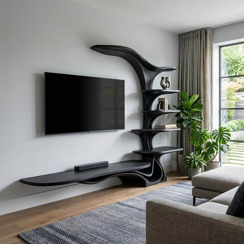 A striking black, multi-tiered shelving unit featuring an organic, sculptural design. It consists of… — free BLEND 3D model