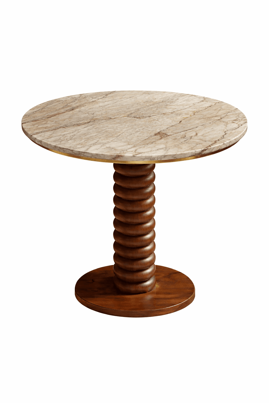 A round table featuring a natural marble top with a brass trim, supported by a distinctive, dark wood bobbin-style pedestal base. — 3D model