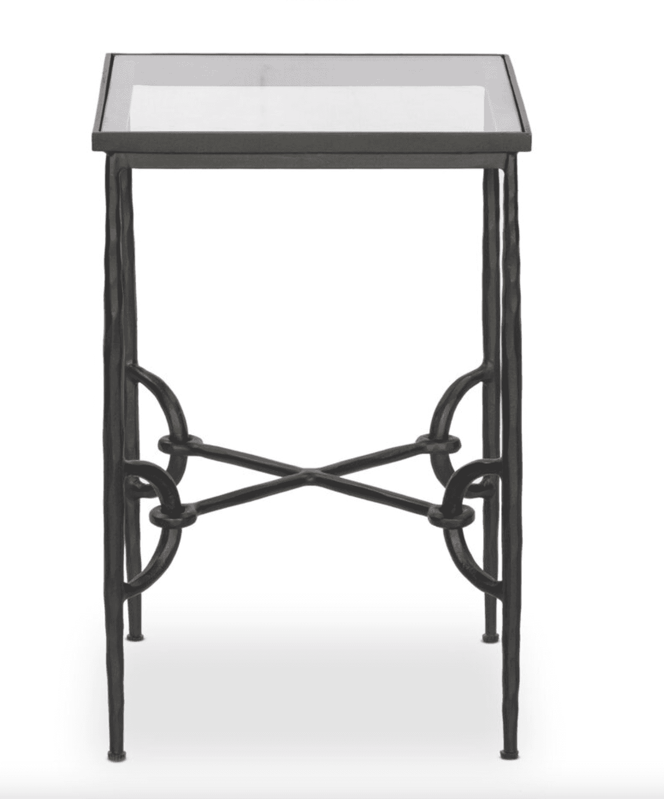 A square-top end table with a glass surface and a wrought iron base. The base features decorative cu… — free STL 3D model