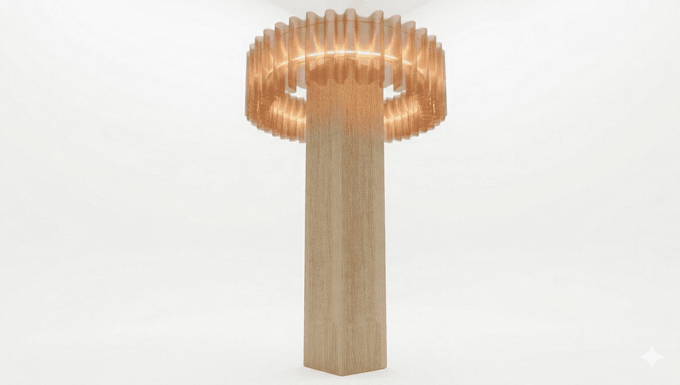 A modern floor lamp with a cylindrical wooden base supporting a circular lampshade. The lampshade is… — free STL 3D model