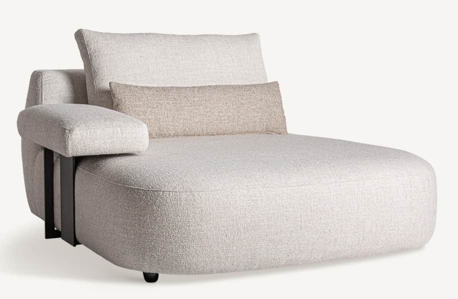 A modern chaise lounge with a curved, rounded silhouette. It features a textured, light-colored fabr… — free GLB 3D model