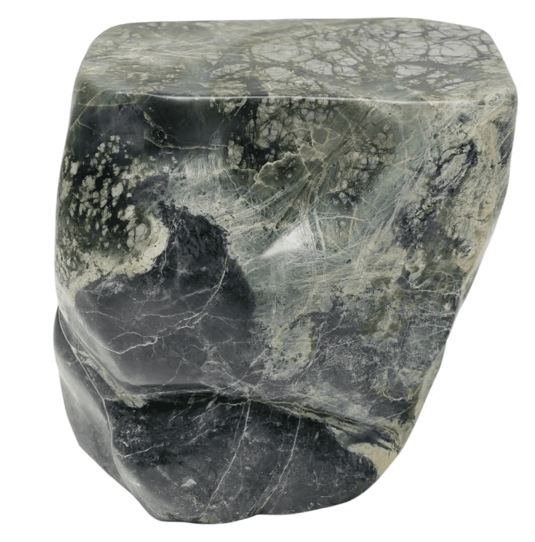 A square-topped, roughly cubic stool carved from a single piece of veined green and dark gray stone. The top surface is flat with slightly rounded edges. The sides exhibit organic, uneven contours, suggesting natural stone formation rather than precise carving. The stone has a polished finish with intricate patterns of lighter veins and darker inclusions. — 3D model
