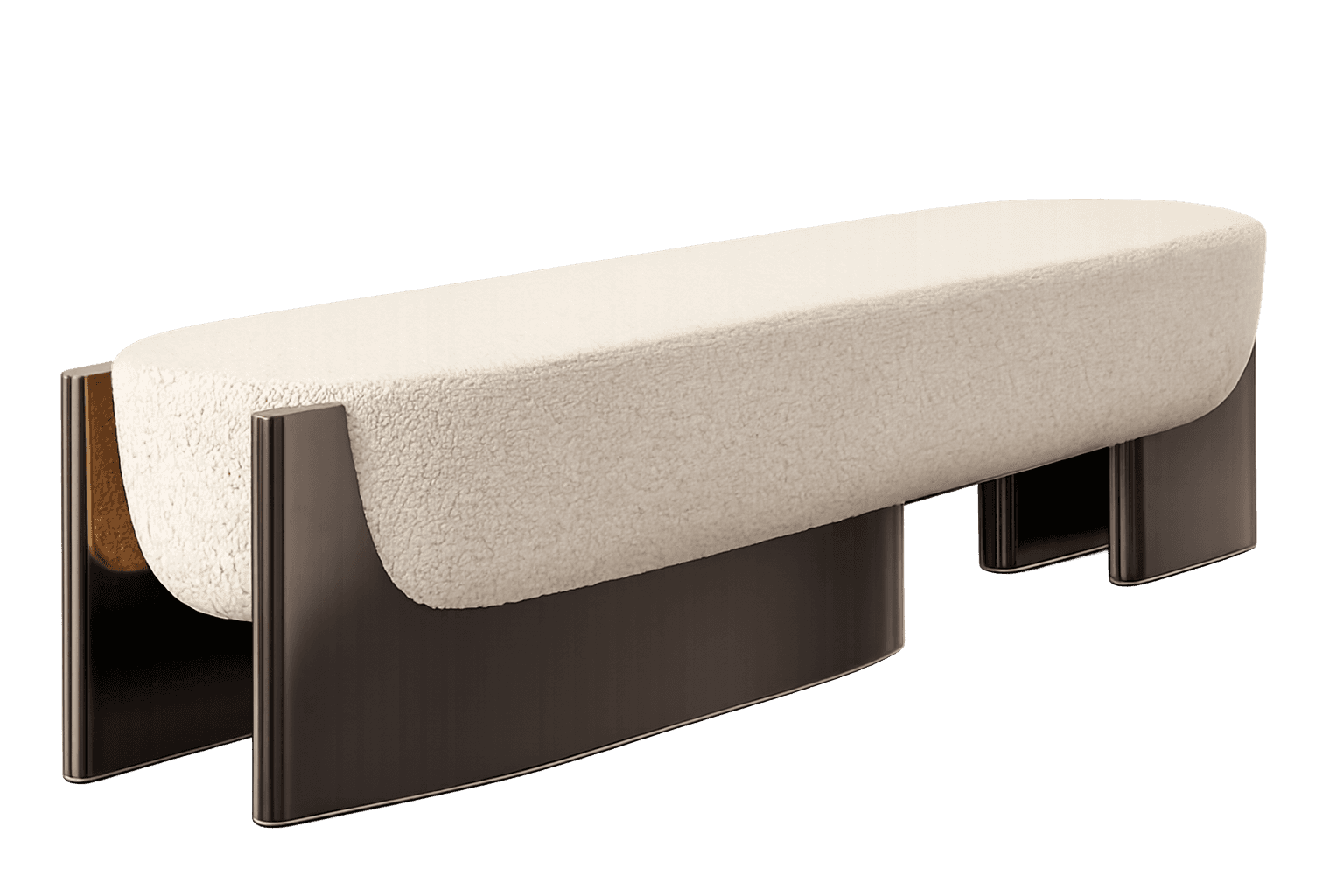 An elongated, pill-shaped upholstered bench featuring cream-colored bouclé fabric and dark, curved m… — 3D model